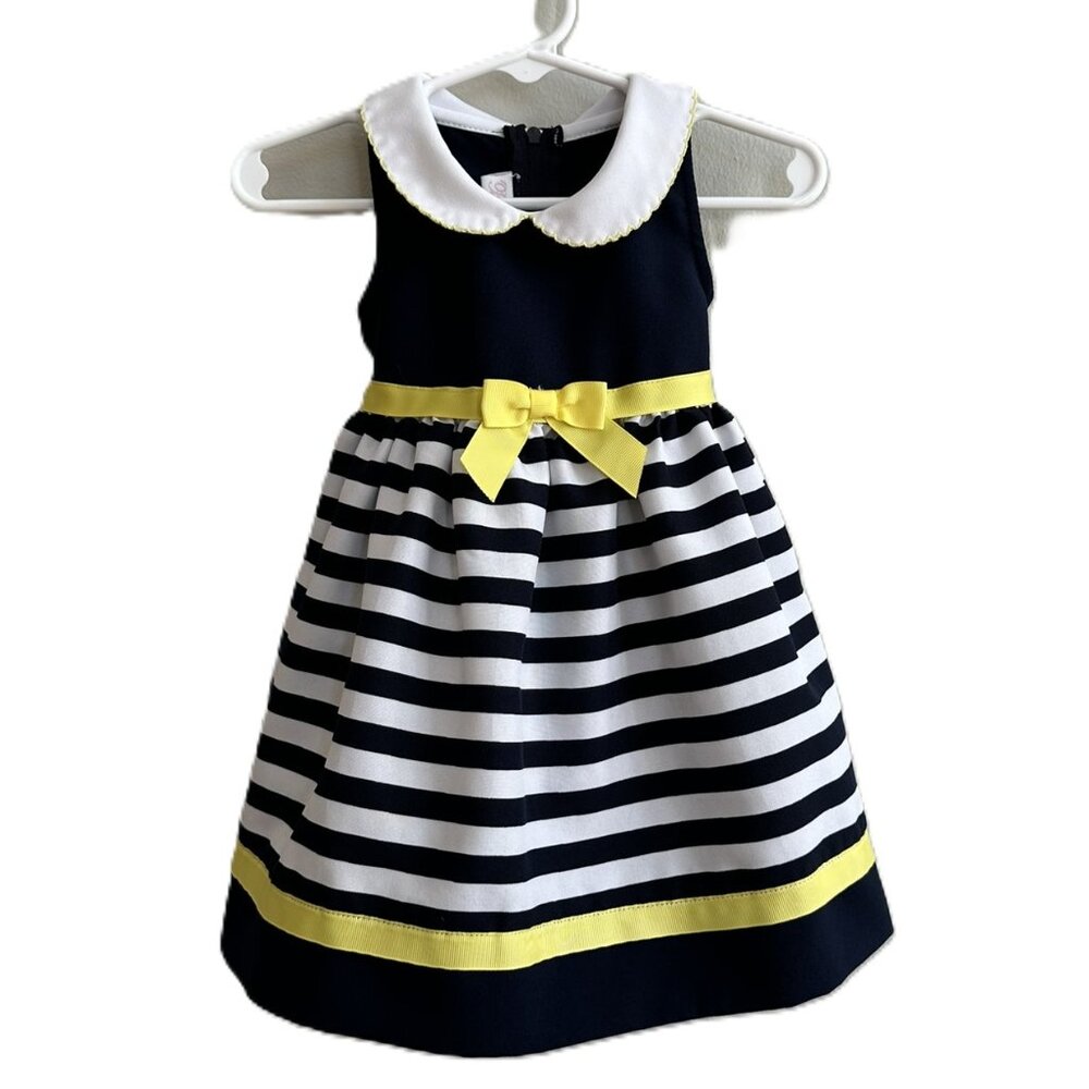 Bonnie Baby Sz 24 month Easter Dress Navy and White with Yellow Bow and Trim